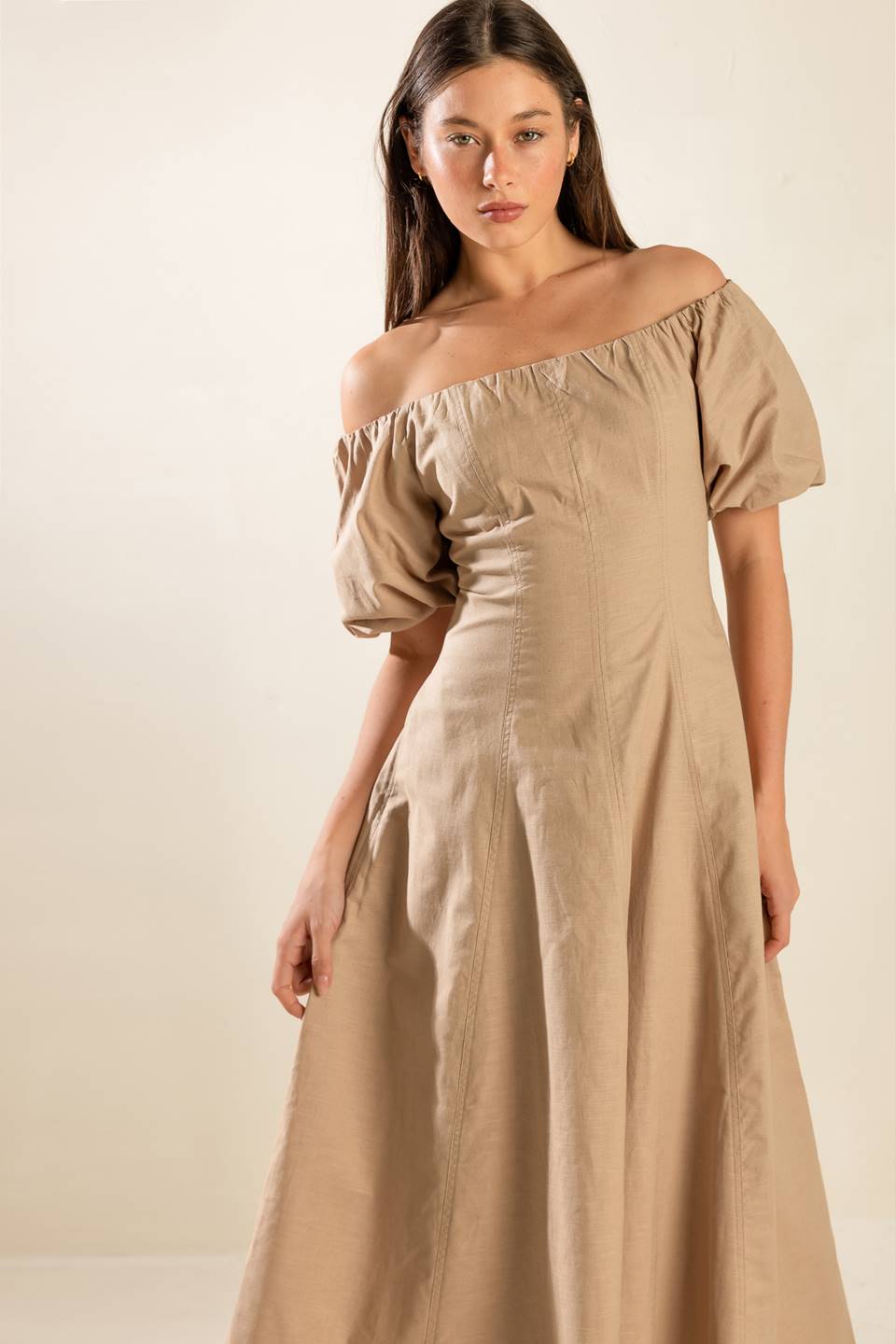 PROTECTING MY PEACE TAUPE WOVEN MIDI DRESS Flying Tomato